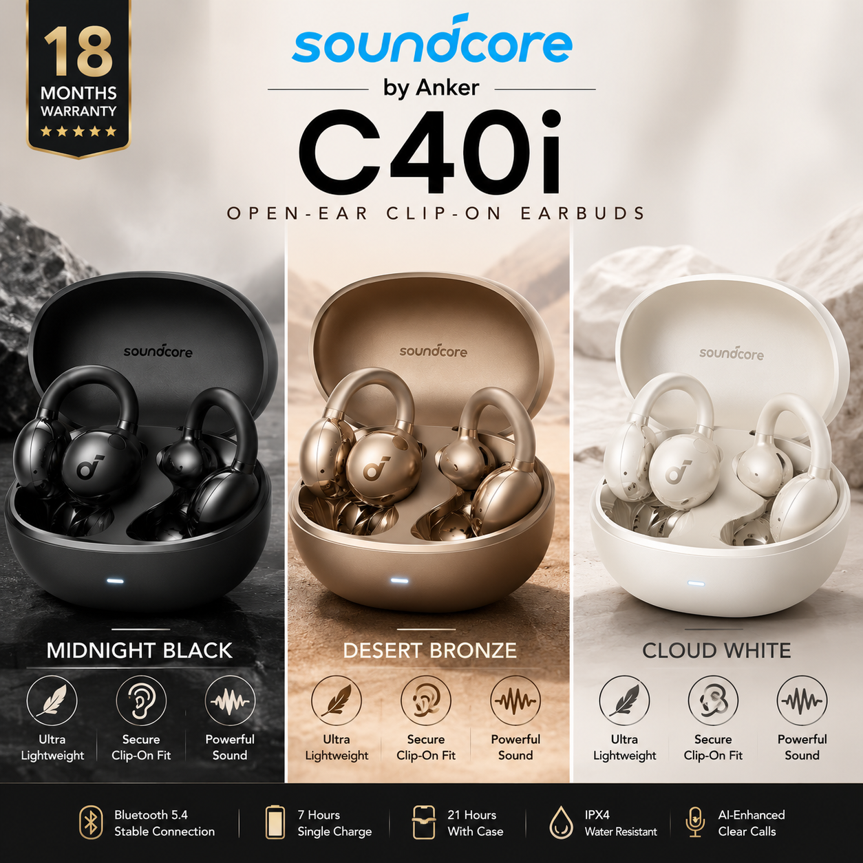 Anker Soundcore C40i Open-Ear Earbuds – Bluetooth 5.4 | AI Calls | IPX4 | Comfortable Fit