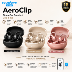 Anker Soundcore AeroClip Open-Ear Earbuds – Bluetooth 5.4 | AI Calls | IPX4 | Midnight Black