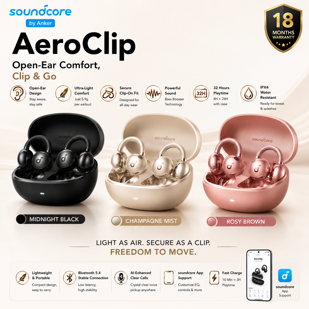 Anker Soundcore AeroClip Open-Ear Earbuds – Bluetooth 5.4 | AI Calls | IPX4 | Midnight Black
