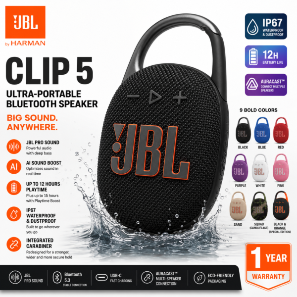 JBL Clip 5 Ultra-Portable Bluetooth Speaker | IP67 Waterproof | Up to 12 Hours Playtime