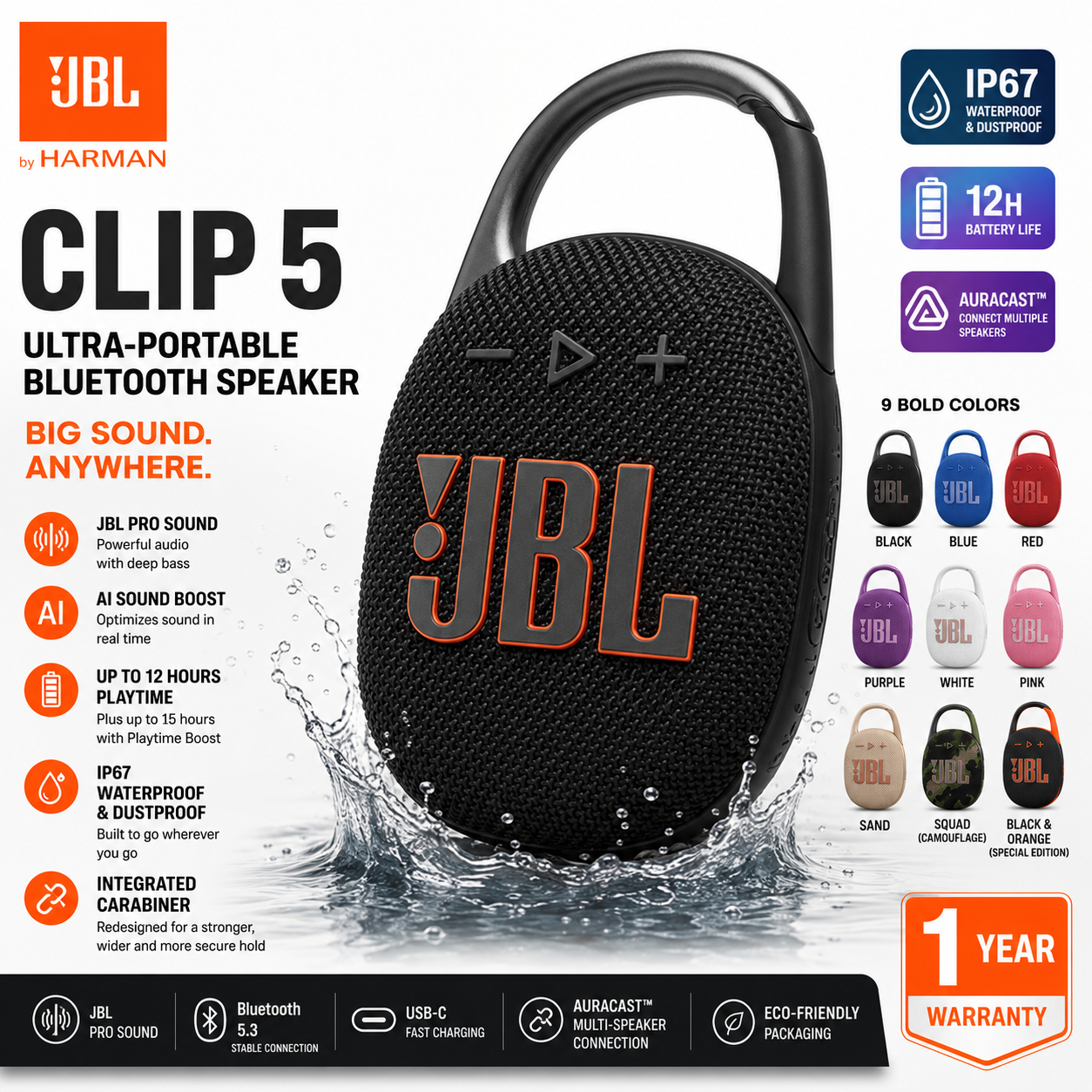 JBL Clip 5 Ultra-Portable Bluetooth Speaker | IP67 Waterproof | Up to 12 Hours Playtime