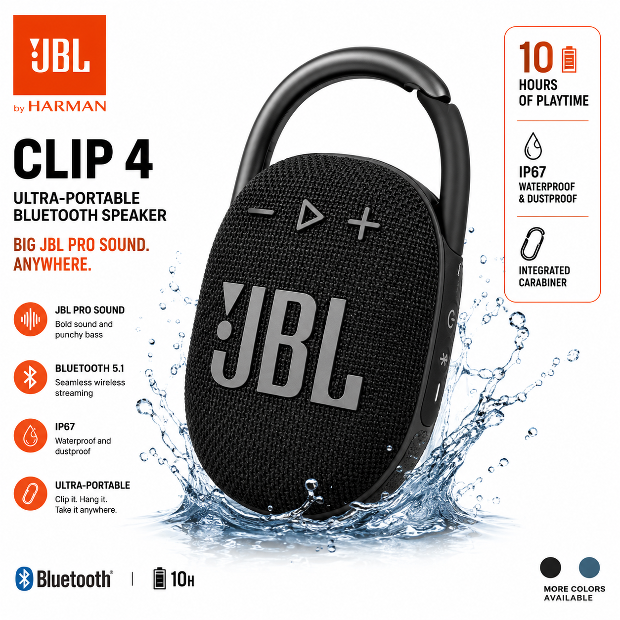 JBL Clip 4 Portable Bluetooth Speaker | IP67 Waterproof | 10-Hour Battery | Ultra-Portable