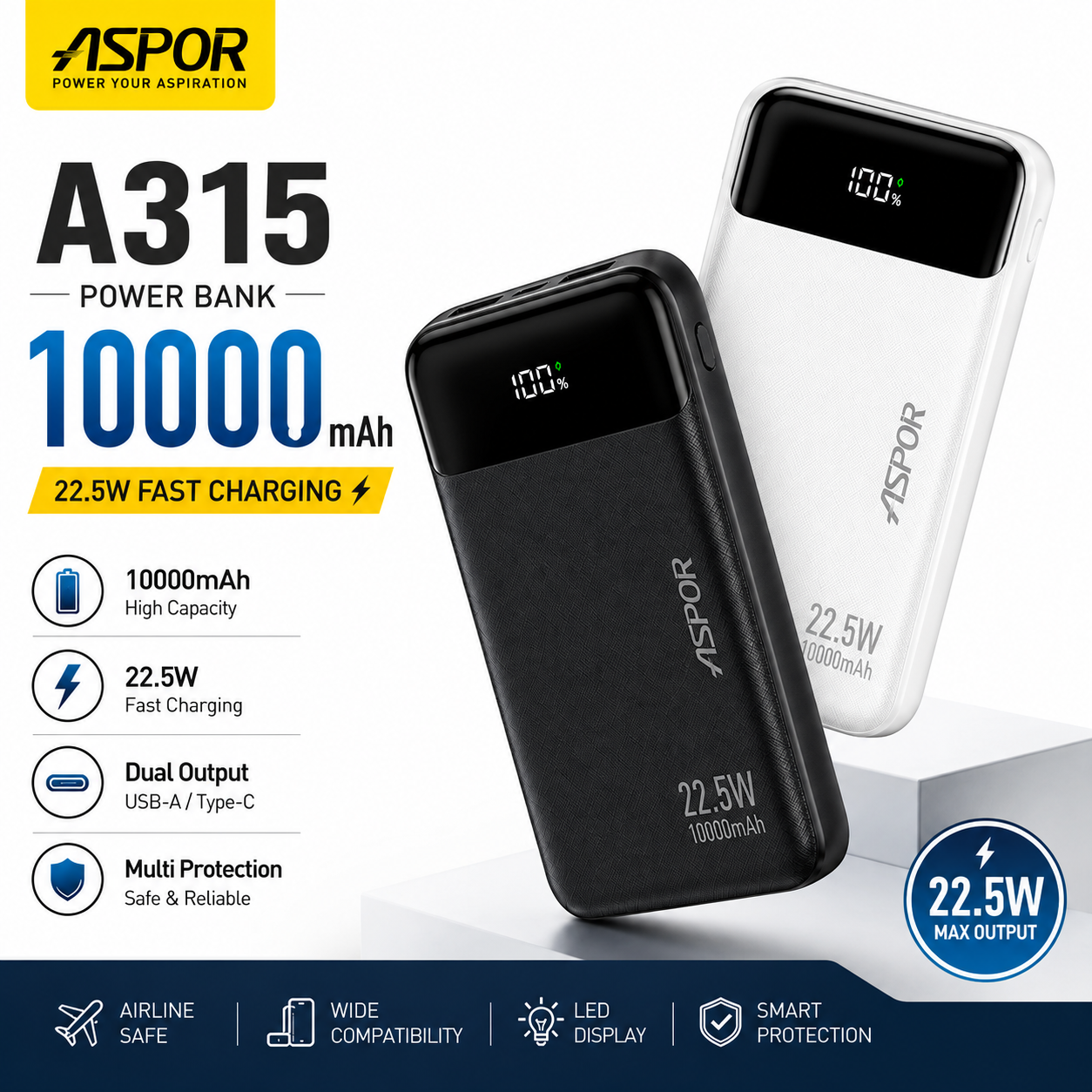 Aspor A315 10000mAh 22.5W Fast Charging Power Bank