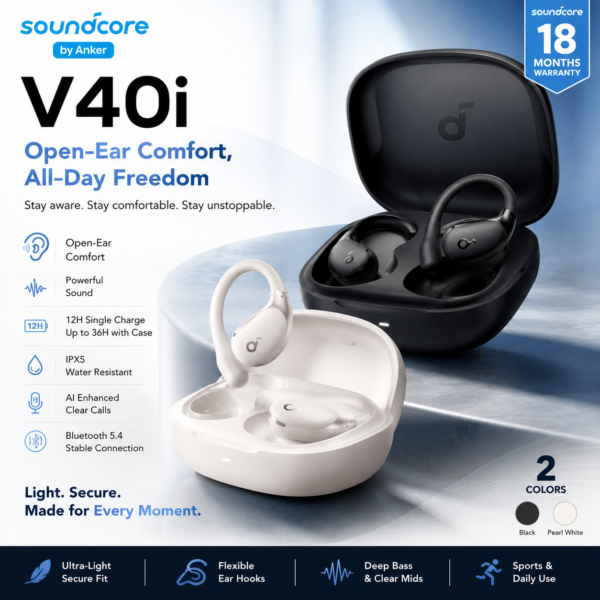 Anker Soundcore V40i Open-Ear Wireless Earbuds – Bluetooth 5.4 | AI Calls | IP55 | Black
