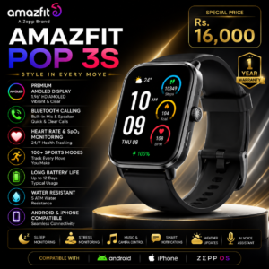 Amazfit Pop 3S Smartwatch – AMOLED Display | Bluetooth Calling | 100+ Sports Modes | Heart Rate & SpO₂